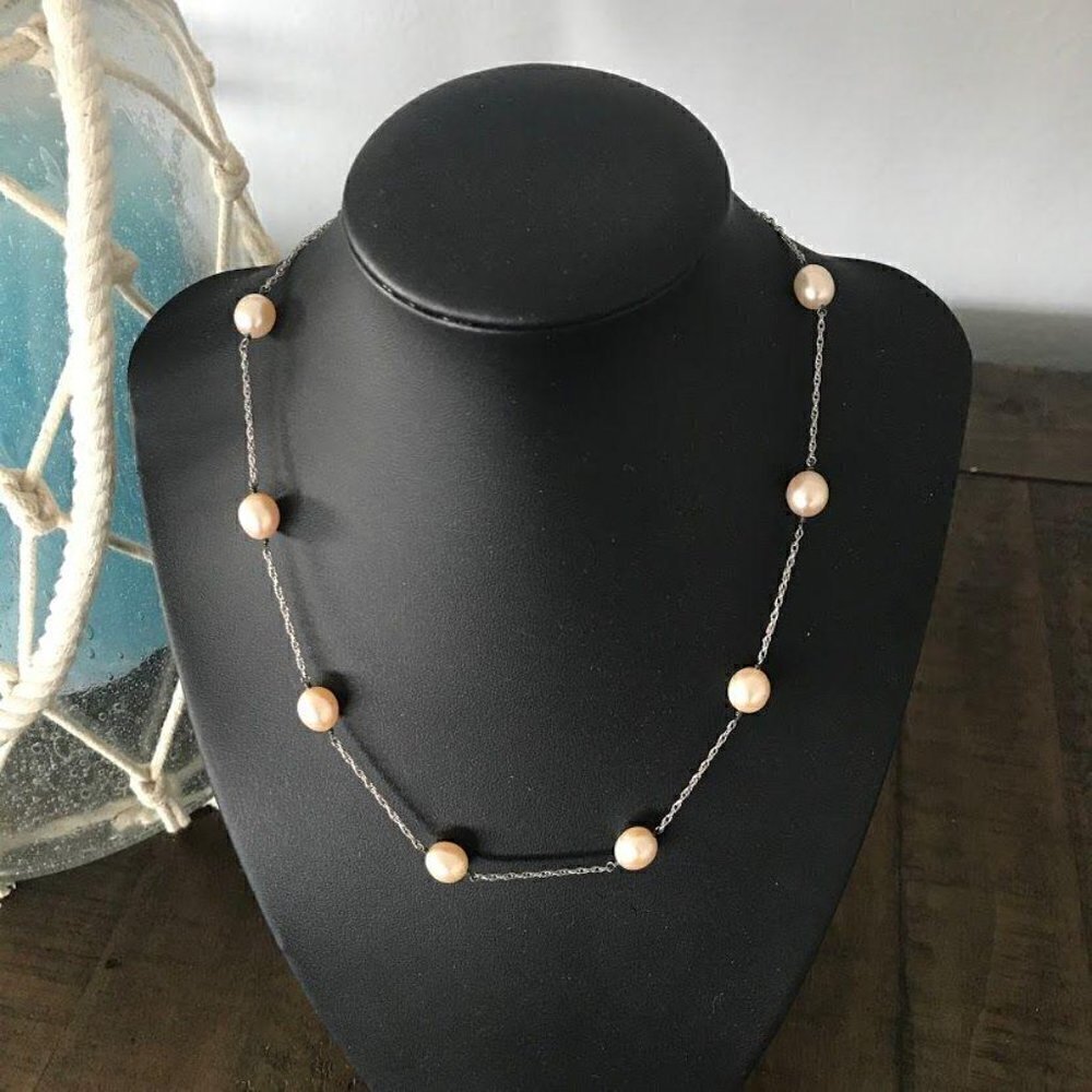 Jewelmak Freshwater Pearl 925 Sterling Silver Station Necklace Light Pink